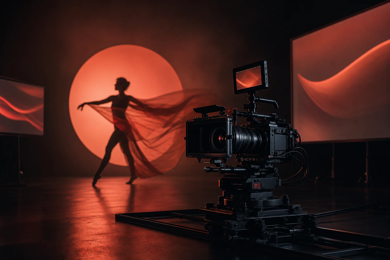 Plan filmowy z kamerą i postacią na tle koralowego światła