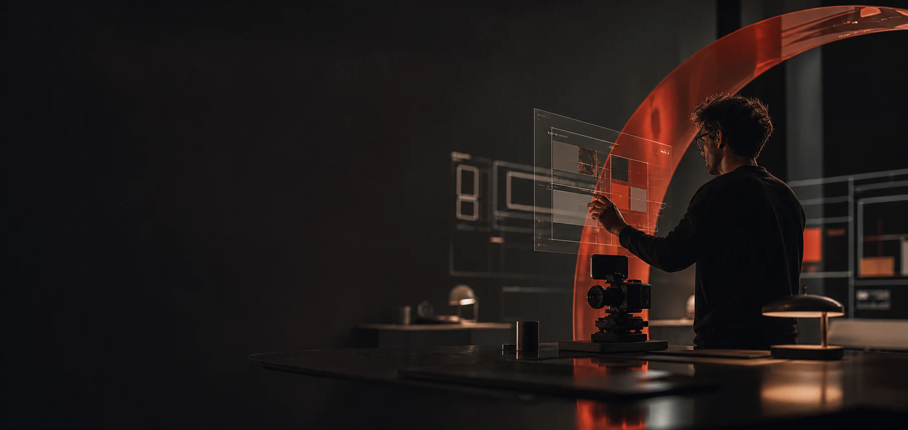 Ciemne studio cyfrowe z pomarańczową instalacją i ekranami projektowymi